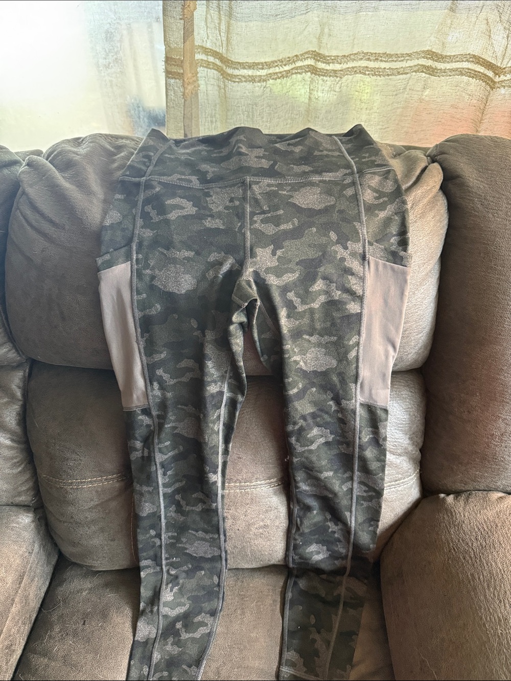 Fabletics Olive Green Camo Kids Leggings with Side Pockets